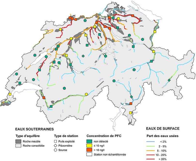 Concentration des PFAS dans les eaux souterraines et eaux usées de différents cours d’eau