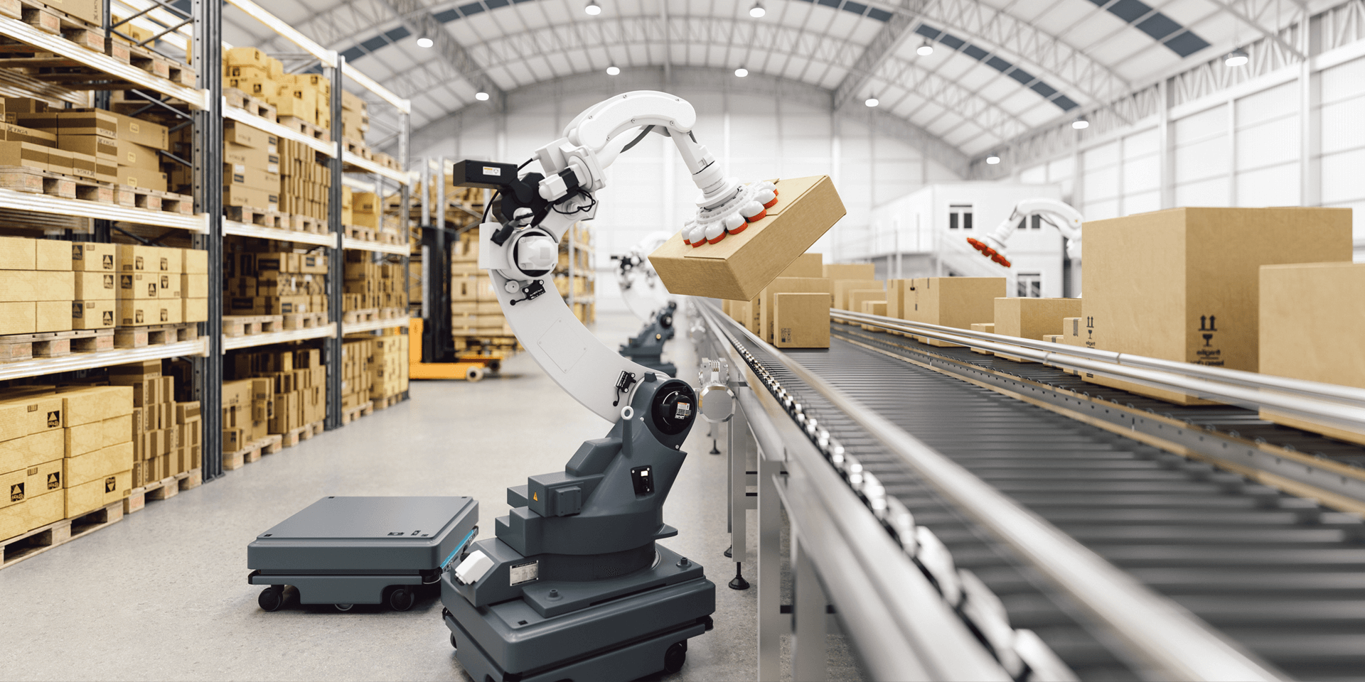 Ein Roboter, der das Paket auf die Produktionslinie legt.