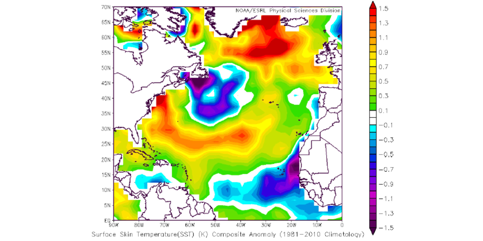 The image show the deviation of the current SST’s (Sea Surface Temperatures) from long-term climatology. It can be seen that a large area off the east coast of Africa shows significantly lower temperatures compared to the longer-term average. The Caribbean Sea and Gulf of Mexico show slightly higher-than-average temperatures but still significantly below temperatures observed, for example, in 2017.