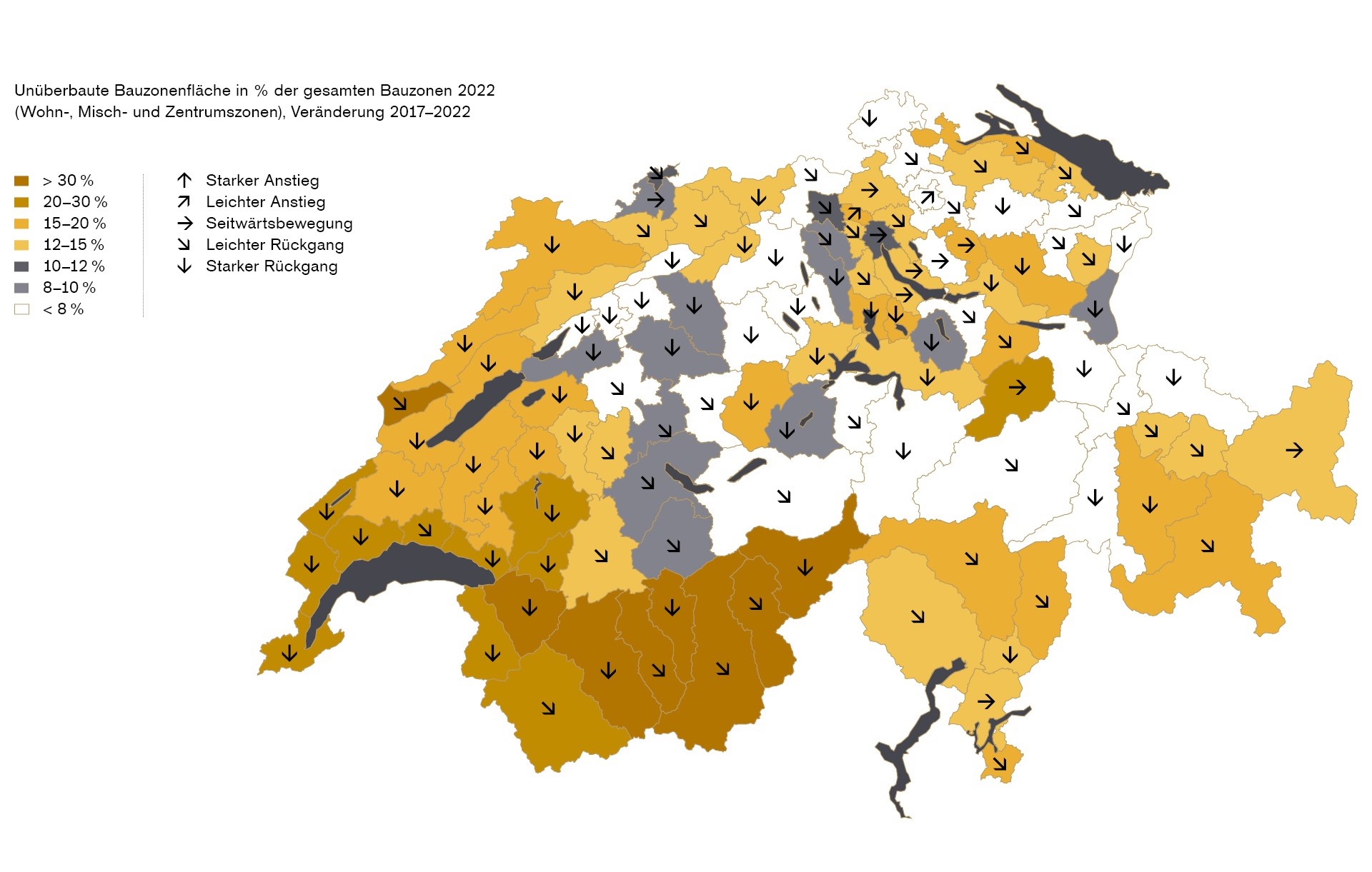 Kartenübersicht Entwicklung unbebaute Bauzonenfläche in Prozent der gesamten Bauzonen in der Schweiz.