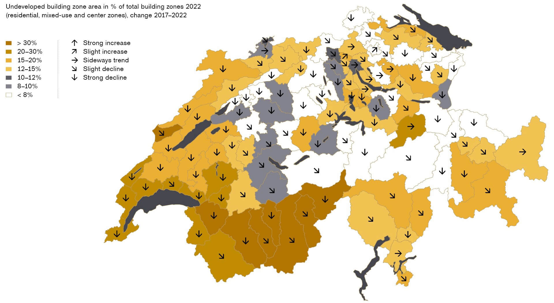 Map showing trend in undeveloped building zone area as a percentage of total building zones in Switzerland.